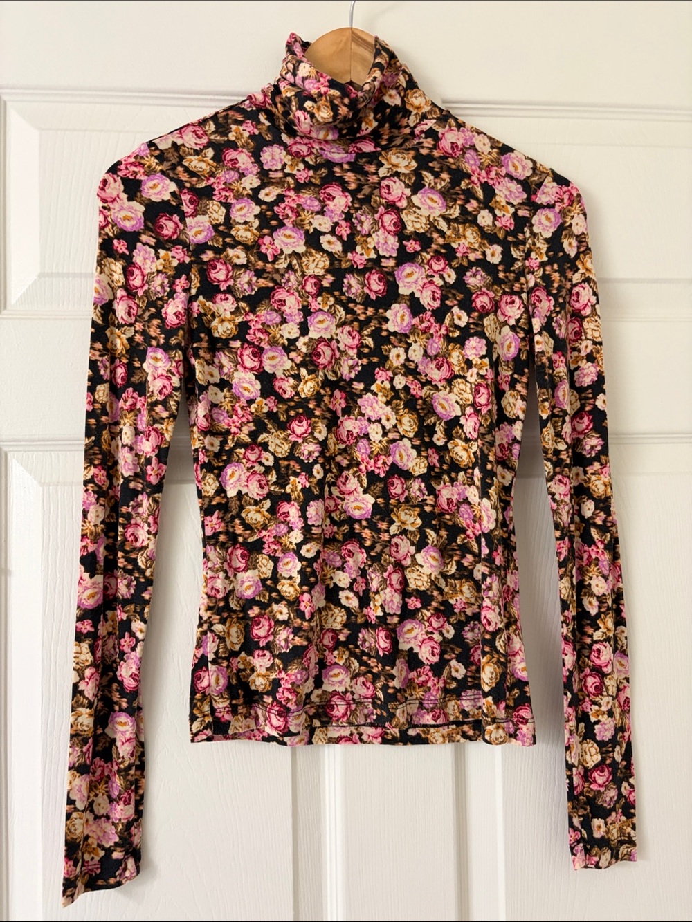 H&M Black Floral Turtleneck Long-Sleeve Top with Pink and Cream Roses